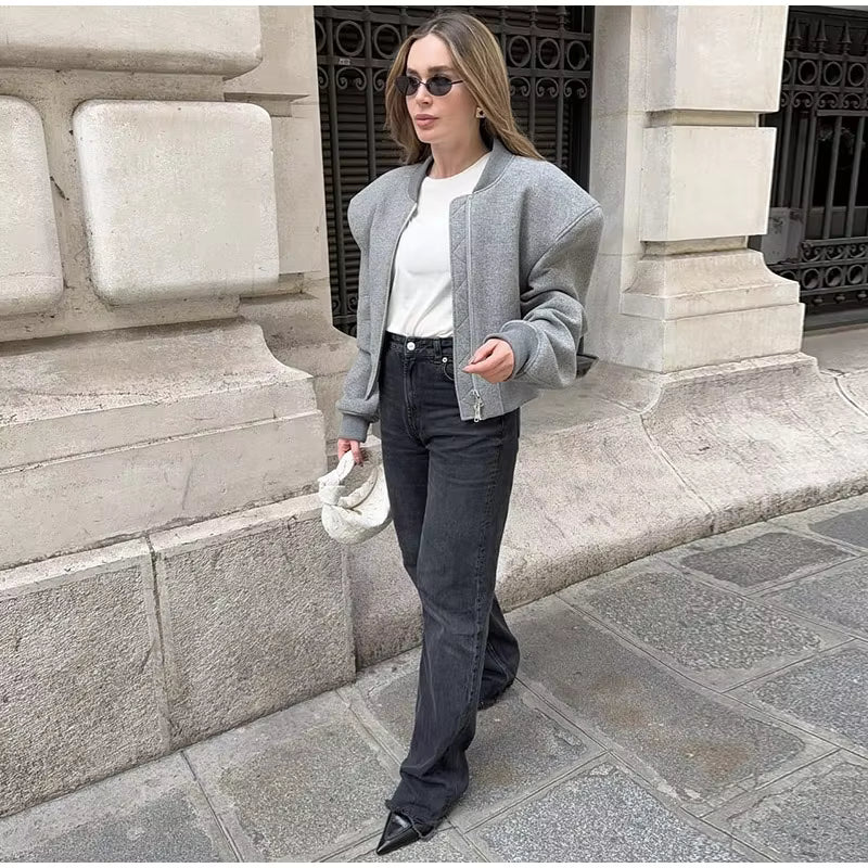 Oversized & Bomber Jacket – Women's Zip Up Wool Look Jacket with Padded Shoulders, Ribbed Collar and Relaxed Long Sleeve Fit