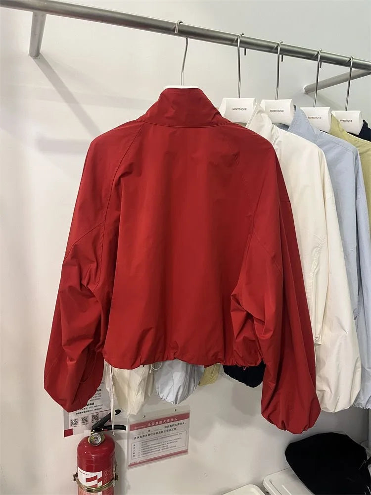 Oversized Utility Bomber Jacket with Stand Collar, Lightweight Zip-Up Jacket with Snap Details, Casual Transitional Outerwear
