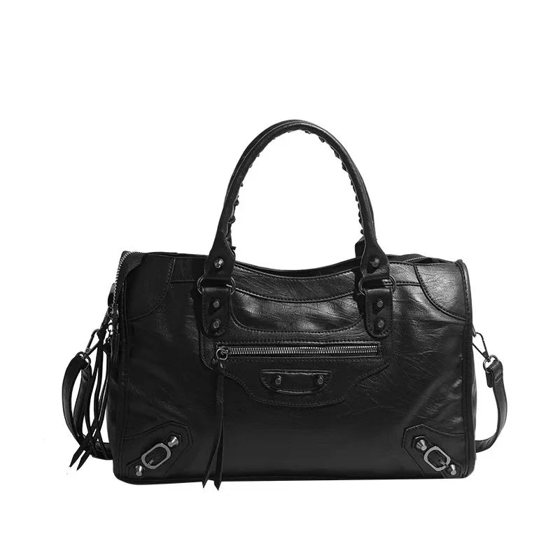 Vintage Motorcycle Style Handbag, Studded Leather-Look Satchel with Multiple Pockets, Top Handle Shoulder & Crossbody Purse for Casual Everyday Use