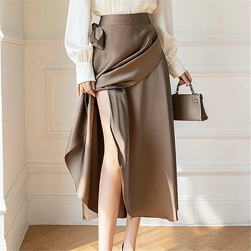 High Waisted Wrap Midi Skirt Asymmetrical Draped Skirt Satin Look Side Slit A Line Elegant Party Evening Wear