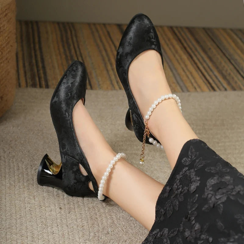 Pearl Strap Mary Jane Heels | Elegant Round Toe Pumps | Vintage Inspired Low Heel Dress Shoes