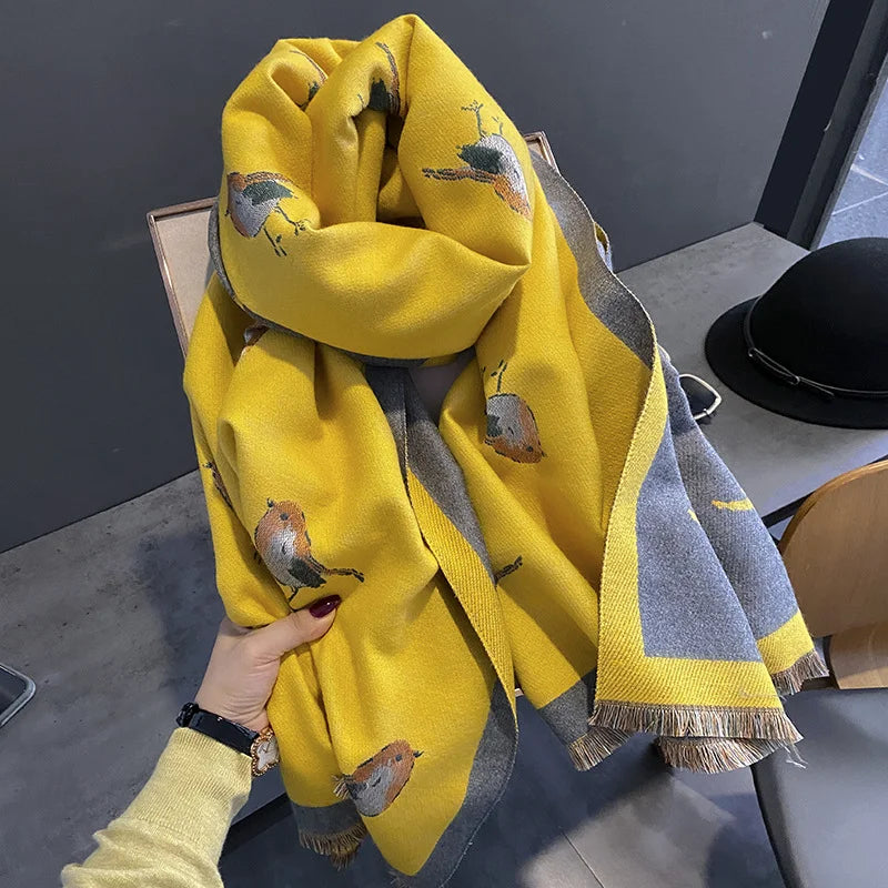 Bird Print Scarf Wrap, Color Block Shawl with Decorative Fringed Edges, Nature Inspired Neck Scarf for Women