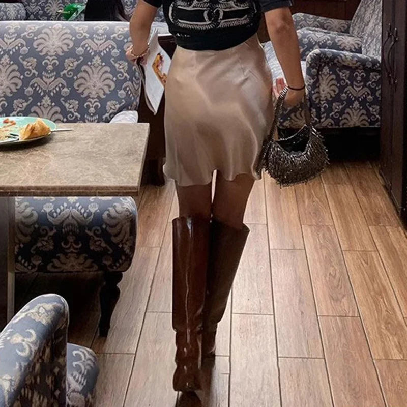 High Waisted Satin Midi Skirt A Line Slip Skirt Silky Straight Fit Knee Length Elegant Minimalist Party Date Night