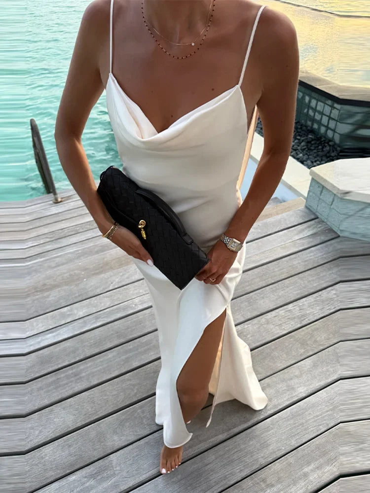 Elegant Maxi Dress – Sleeveless Cowl Neck Dress with Fitted Bodice, Adjustable Straps and Flowing Floor-Length Skirt for Vacations & Events