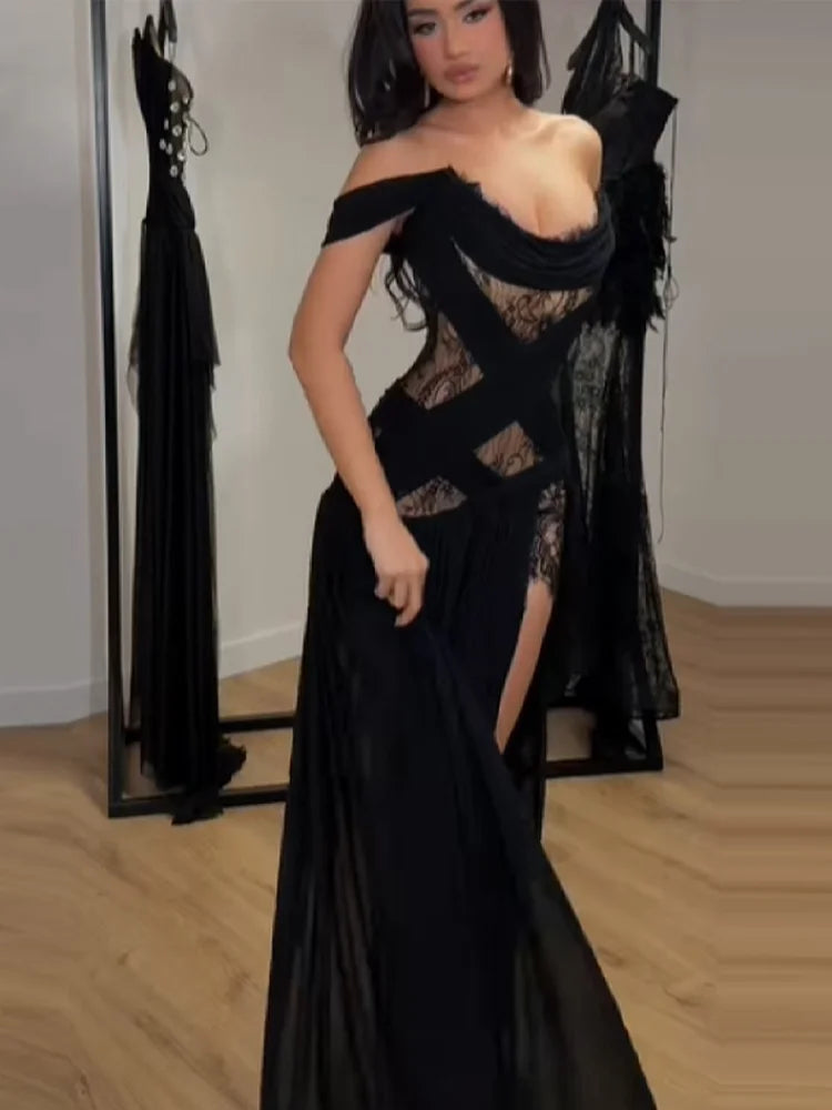 Lace Cutout Maxi Dress – Off Shoulder Long Sleeve Evening Gown with Sheer Lace Panels, Ruched Waist and High Side Slit for Formal Events