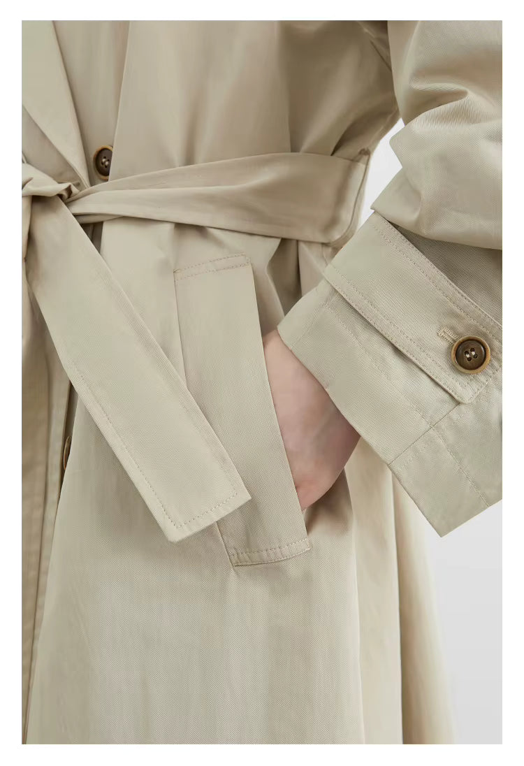 Classic Double-Breasted Trench Coat, Longline Coat with Wide Lapels and Adjustable Cuffs, Elegant Minimalist Transitional Outerwear