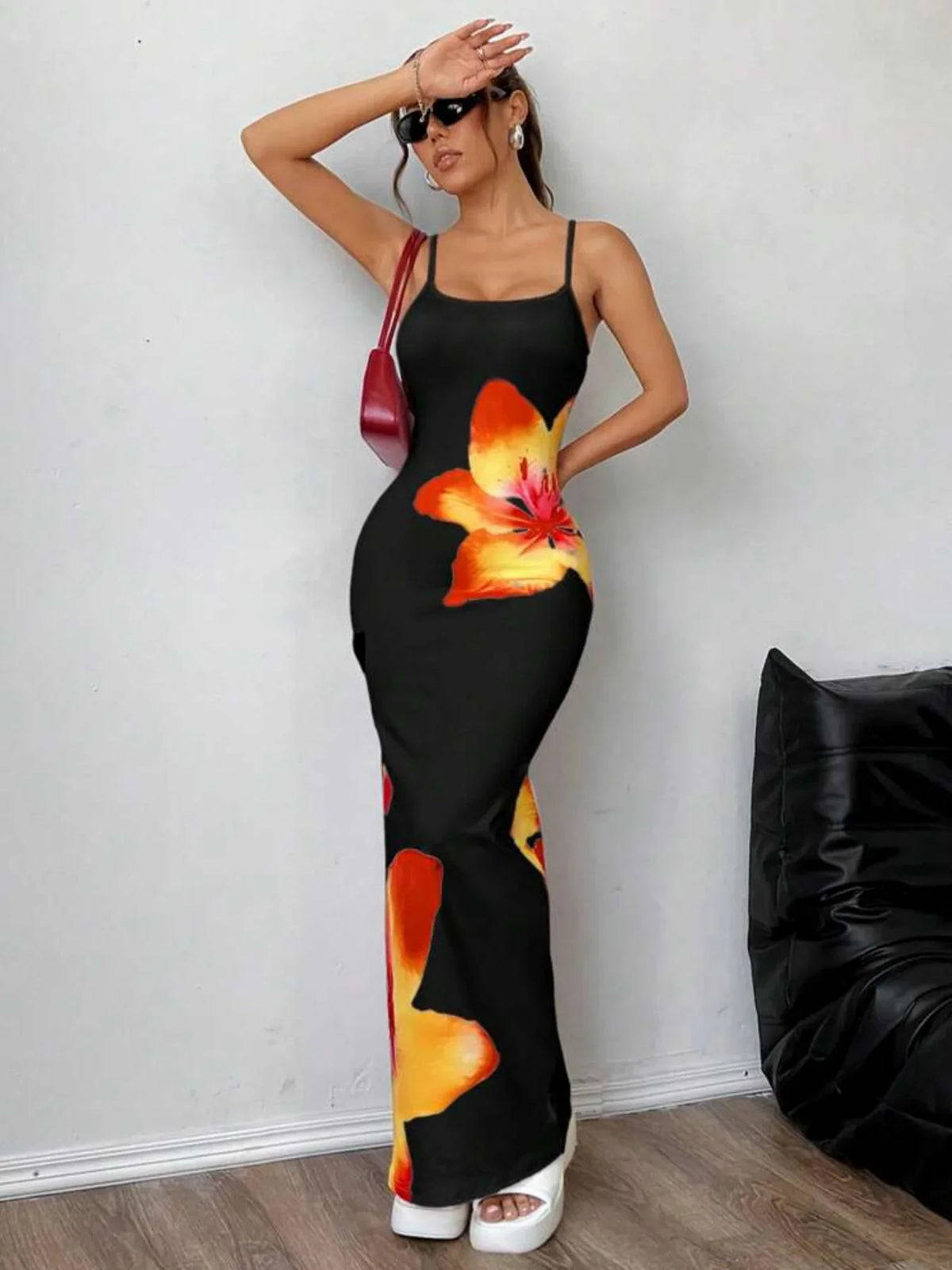 Floral Maxi Dress – Spaghetti Strap Bodycon Dress with Scoop Neck, Side Slit and Statement Floral Print for Vacations, Parties & Date Nights