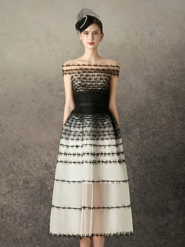 Textured A-Line Midi Dress – Strapless Embellished Bodice Dress with Full Flared Skirt and Patterned Detail for Weddings & Special Events