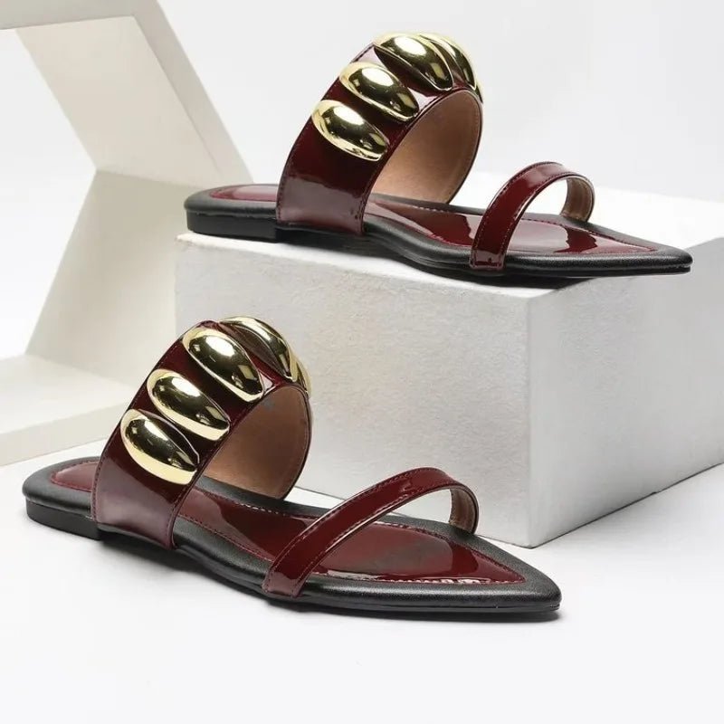 Pointed Toe Slide Sandals | Metallic Chain Strap Mules | Elegant Flat Summer Dress Shoes