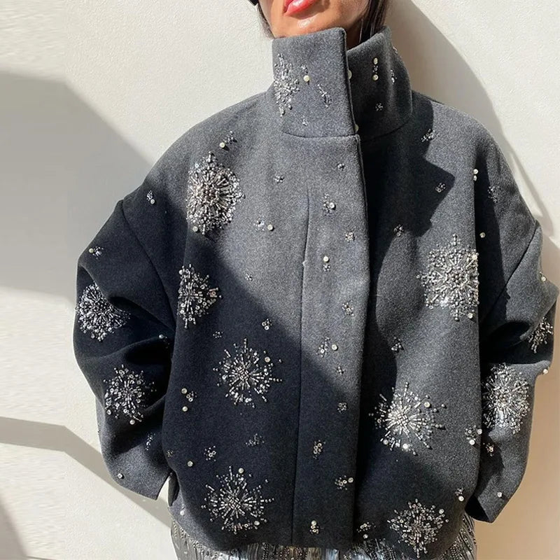 Embellished High Neck Jacket, Floral Pattern Knit Zip-Up Jacket, Oversized Cozy Winter Outerwear