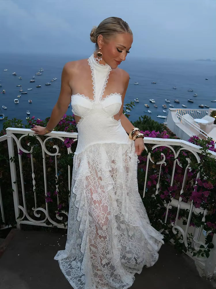Lace Halter Maxi Dress – Strapless Corset Gown with High Neck Scarf, Floral Lace Overlay, Tiered Skirt and Elegant Floor-Length Design