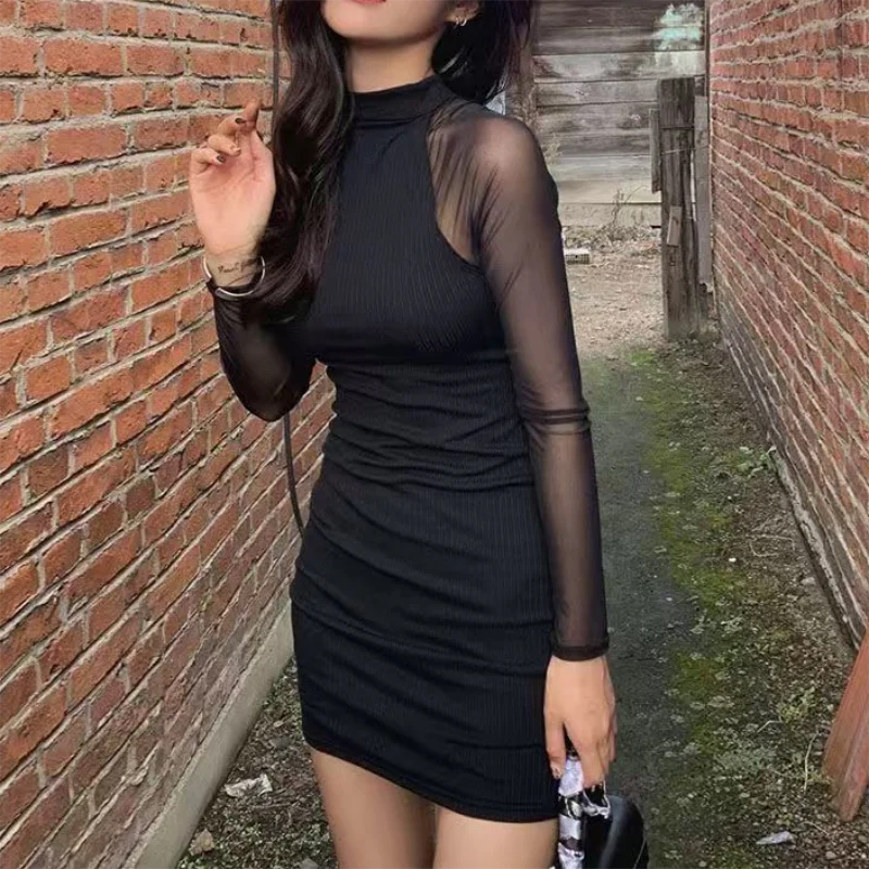Sheer Sleeve Ruched Mini Dress – Mock Neck Bodycon Dress with Long Mesh Sleeves, Fitted Silhouette and Gathered Waist