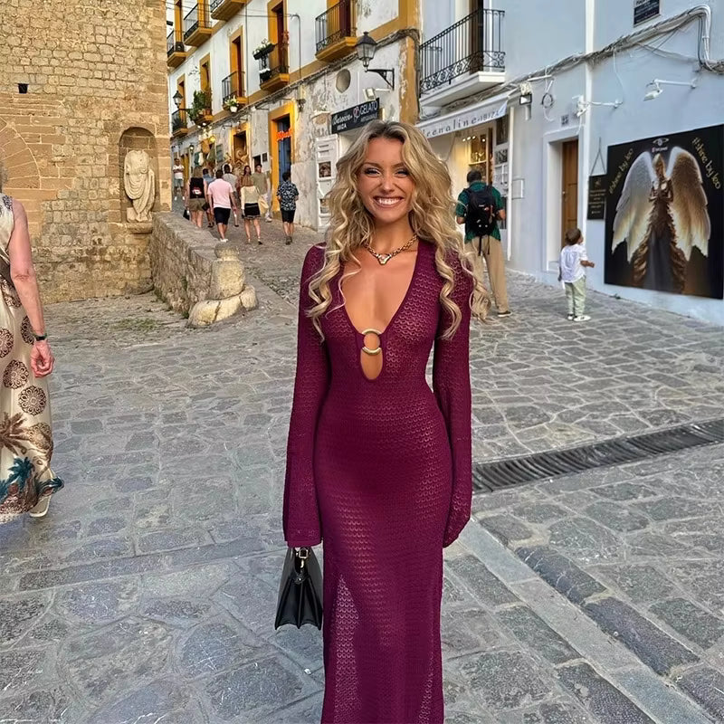 Crochet Maxi Dress – Long Sleeve Mesh Cover Up Dress with Deep Scoop Neck, Ring Detail Cutout and Sheer Open Knit Design