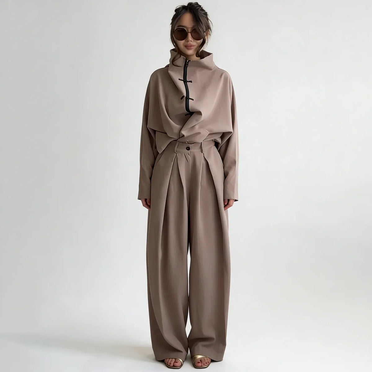 Button Front Collared Top & Wide Leg Pants Co-Ord Set | Long Sleeve Relaxed Two Piece Outfit | Minimalist Casual Lounge Matching Set