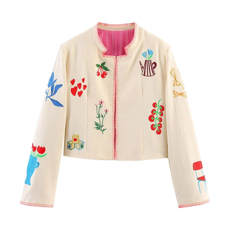 Embroidered Cropped Jacket with Colorful Motifs, Collarless Button-Up Jacket with Contrast Trim, Chic Casual Outerwear