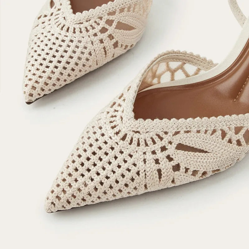 Crochet Slingback Heels | Pointed Toe Mesh Pumps | Elegant Low Heel Summer Dress Shoes