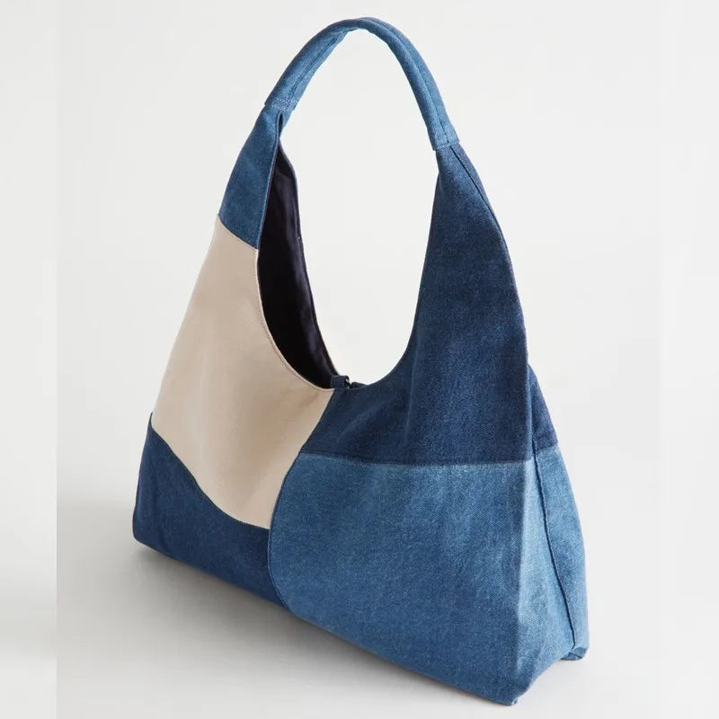 Denim Hobo Shoulder Bag, Patchwork Tote Handbag with Wide Strap, Slouchy Casual Purse for Shopping, Travel & Everyday Use