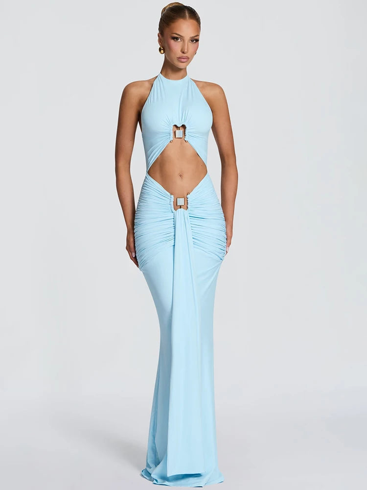 Ruched Cutout Maxi Dress – Sleeveless Halter Neck Dress with Adjustable Gathered Detail, Waist Cutouts and Mermaid Floor-Length Skirt