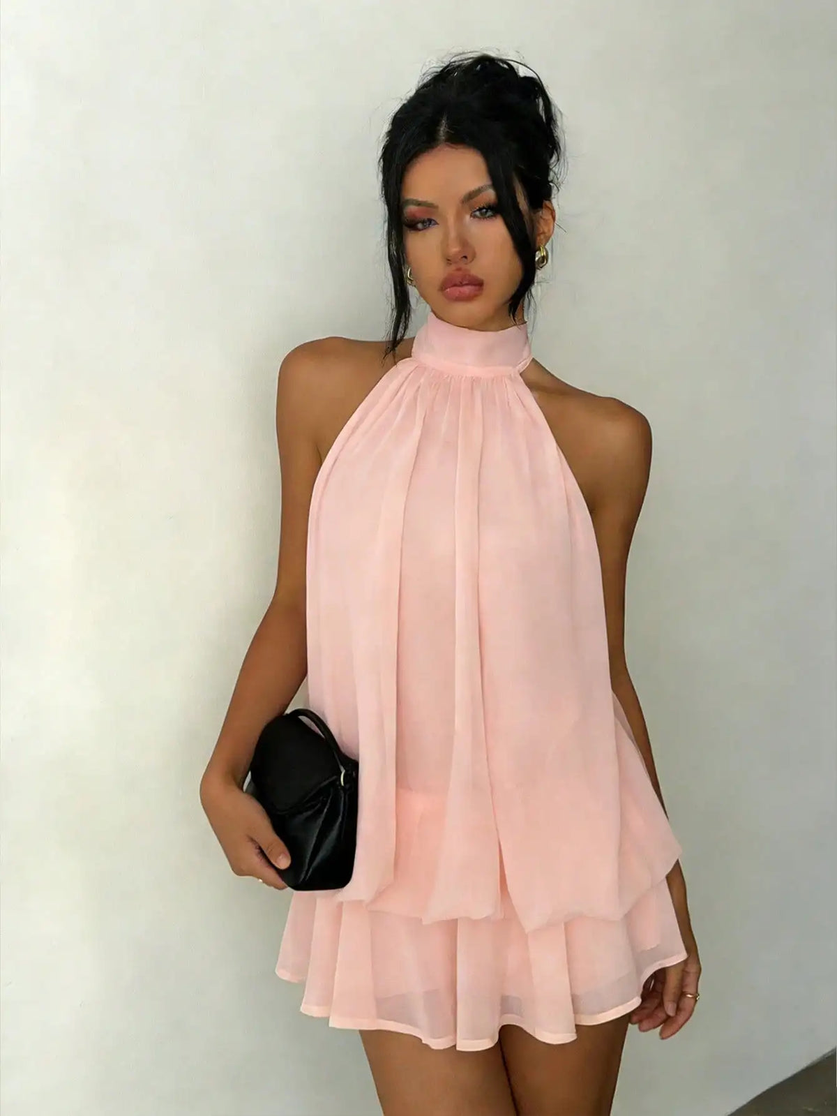 Pleated Mini Dress – High Neck Sleeveless Dress with Layered Ruffle Skirt, Flowing A-Line Silhouette and Elegant Drape for Parties & Events
