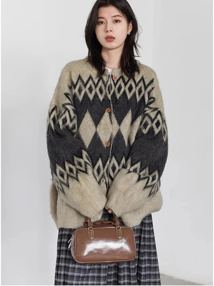 Argyle Knit Cardigan, Oversized Button-Up Sweater Jacket with Geometric Pattern and Balloon Sleeves, Cozy Fall Winter Outerwear