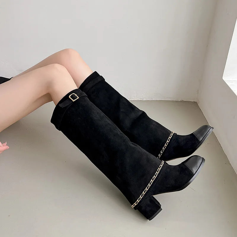 Knee High Suede Boots | Buckle Strap Block Heel Boots | Chain Detail Tall Fashion Booties