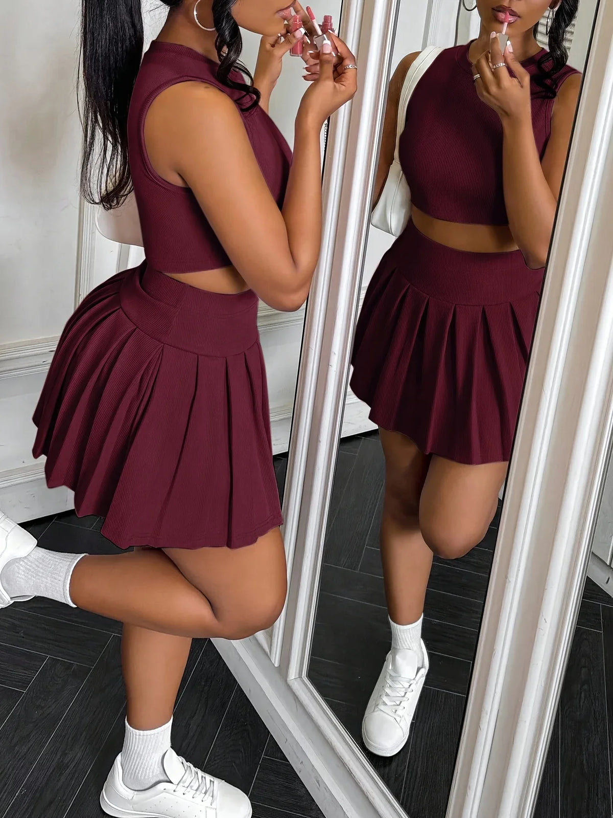 Sleeveless Crop Top & Pleated Mini Skirt Co-Ord Set | Sporty Two Piece Skater Outfit | Casual Tennis Style Matching Set