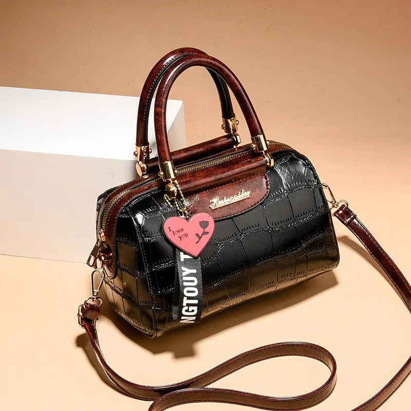Women's Boston Bag, Crocodile Embossed Leather Handbag, Vintage Top Handle Satchel with Adjustable Crossbody Strap & Charm