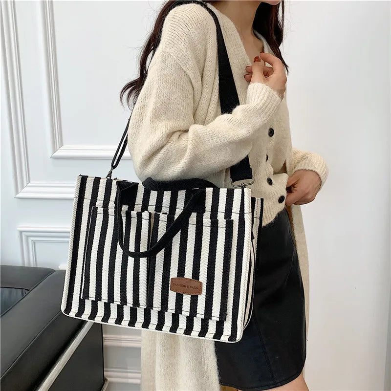 Striped Canvas Tote Bag, Blue & White Shoulder Handbag, Casual Large Carryall Purse with Long Handles for Shopping, Travel & Everyday Use