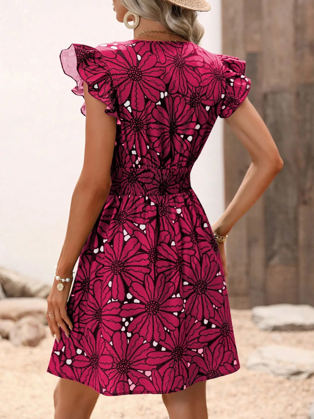 Floral Mini Dress – V-Neck Short Sleeve Dress with Ruffle Shoulders, Defined Waist and Flared Skirt for Brunch, Vacations & Summer Events