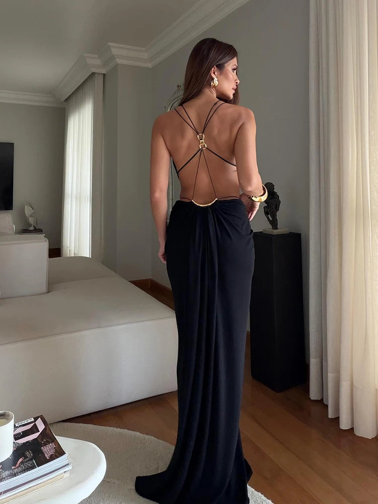 Draped Cutout Maxi Dress – Sleeveless Plunge Neck Dress with Ruched Waist, Open Side Detail and Floor-Length Draped Skirt
