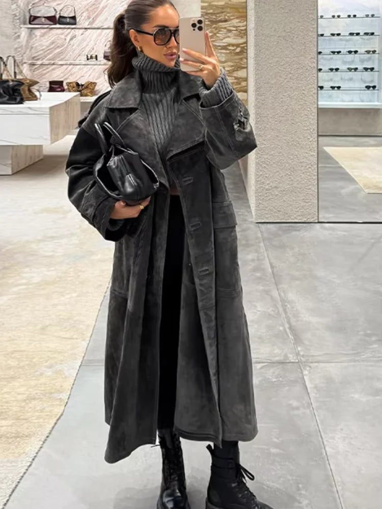Longline Trench Coat, Belted Faux Leather Coat with Wide Lapels and Relaxed Fit, Elegant Winter Statement Outerwear