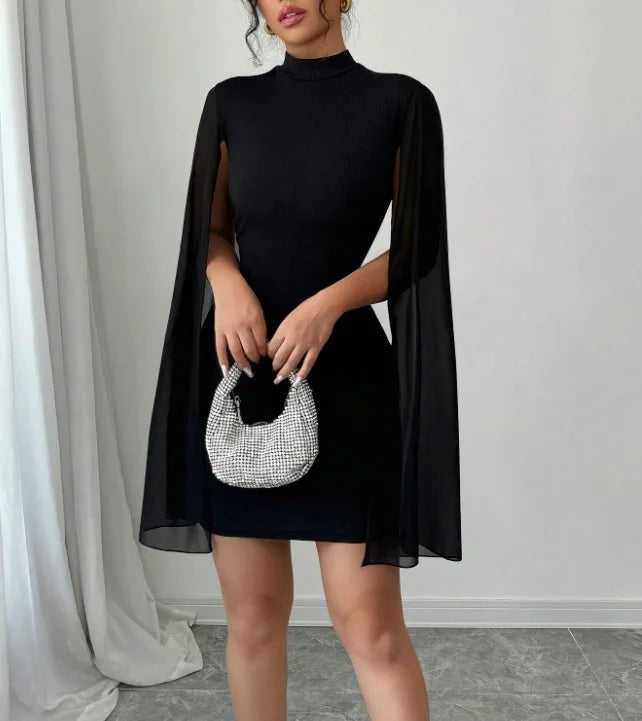 Cape Sleeve Mini Dress – High Neck Bodycon Dress with Draped Cape Sleeves and Figure-Hugging Silhouette for Cocktail Parties & Date Nights