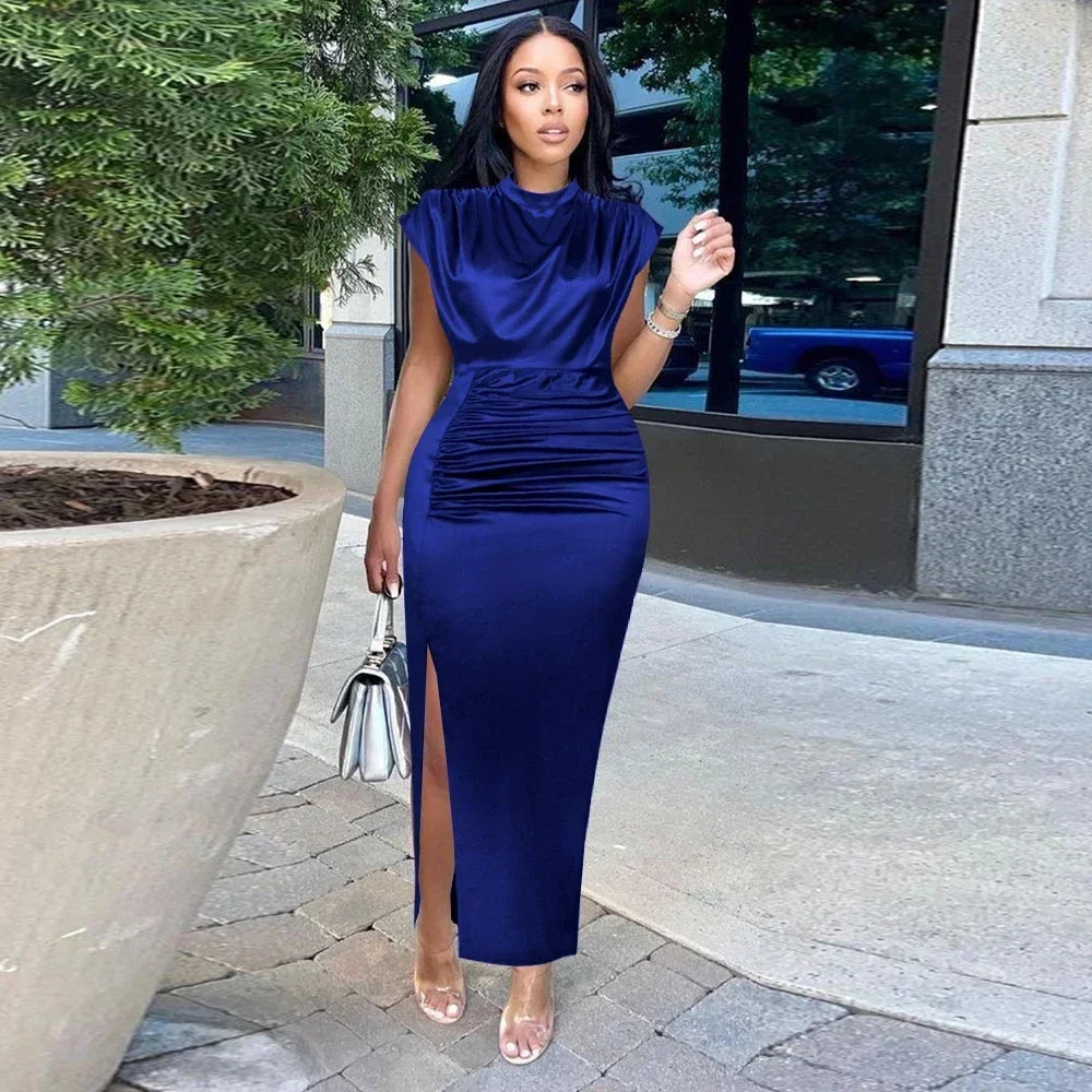 Ruched Midi Dress – Draped Cowl Neck Bodycon Dress with Short Sleeves and Side Slit for Cocktail Parties, Date Nights & Evening Events