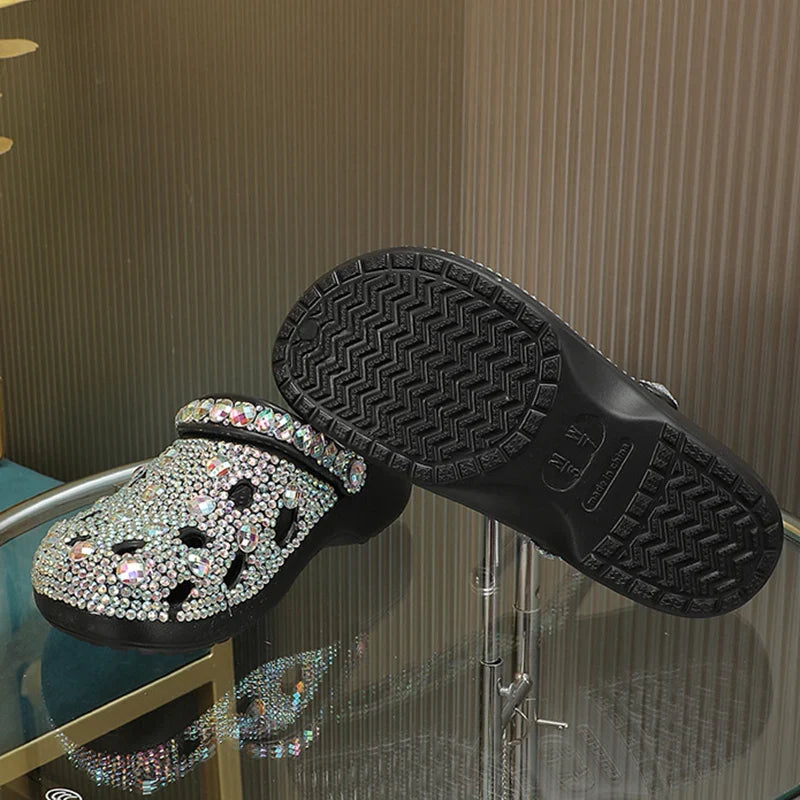 Rhinestone Clog Sandals | Floral Embellished Platform Mules | Sparkly Casual Slip-On Shoes