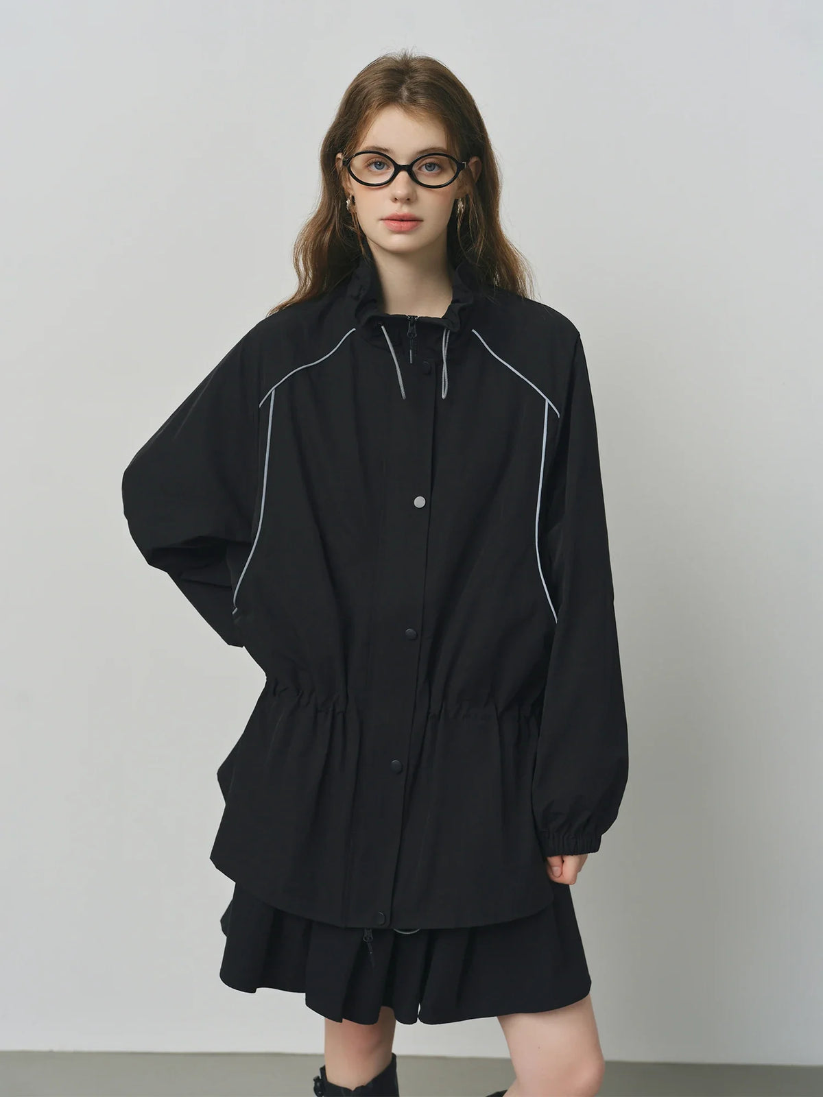 Oversized Cinched Waist Jacket, Hooded Button-Up Utility Jacket with Contrast Piping, Relaxed Fit Casual Outerwear