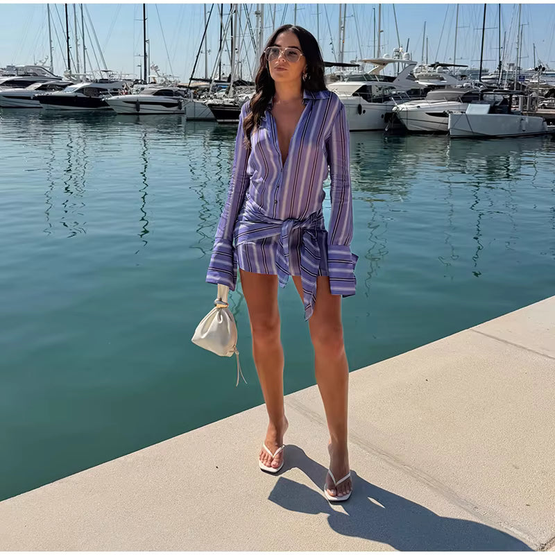 Striped Shirt Mini Dress – Sheer Chiffon Button Down Dress with Turn-Down Collar, Long Sleeves, Waist Tie and Detachable Scarf