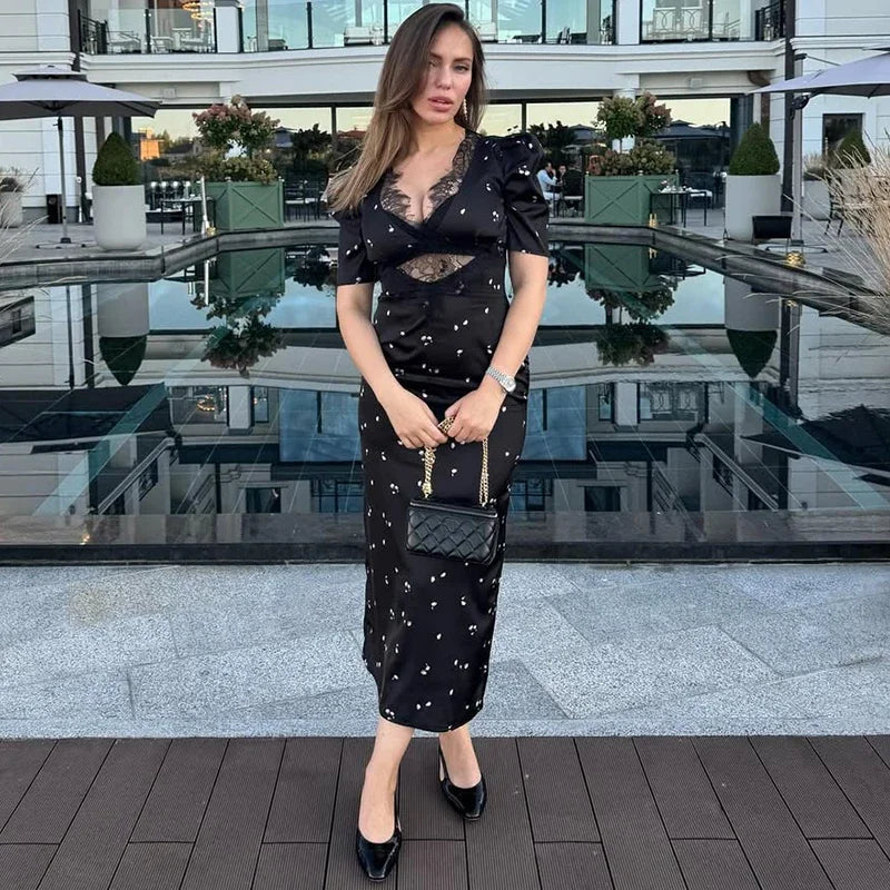 Lace Detail Midi Dress – Short Sleeve V-Neck Dress with Ruched Waist, Embellished Details and Fitted Silhouette for Parties & Evening Events