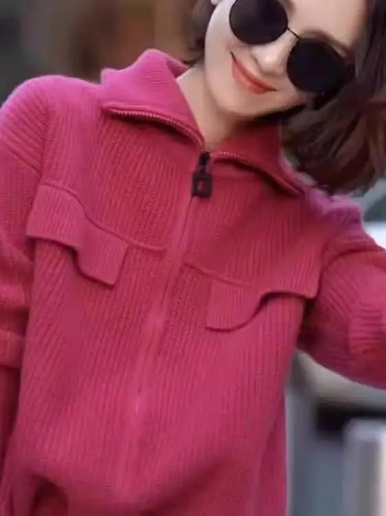 Textured Knit Zip-Up Jacket with Utility Pockets, Collared Sweater Jacket, Relaxed Fit Casual Fall Outerwear