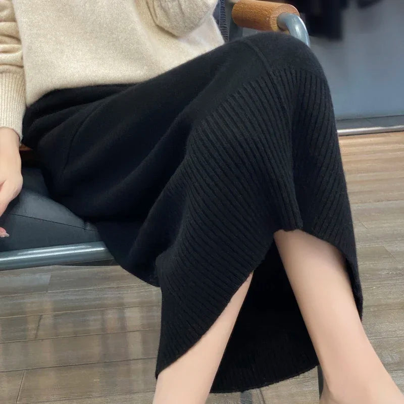 High Waisted Knit Midi Skirt Ribbed Pencil Skirt Straight Fit Long Skirt Front Pocket Detail Casual Office Workwear