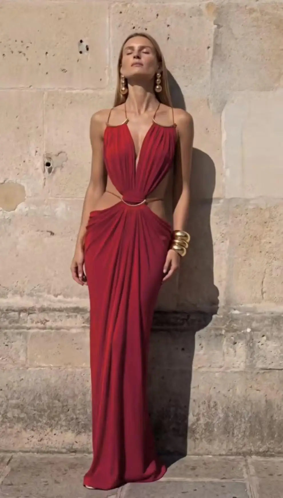 Draped Cutout Maxi Dress – Sleeveless Plunge Neck Dress with Ruched Waist, Open Side Detail and Floor-Length Draped Skirt