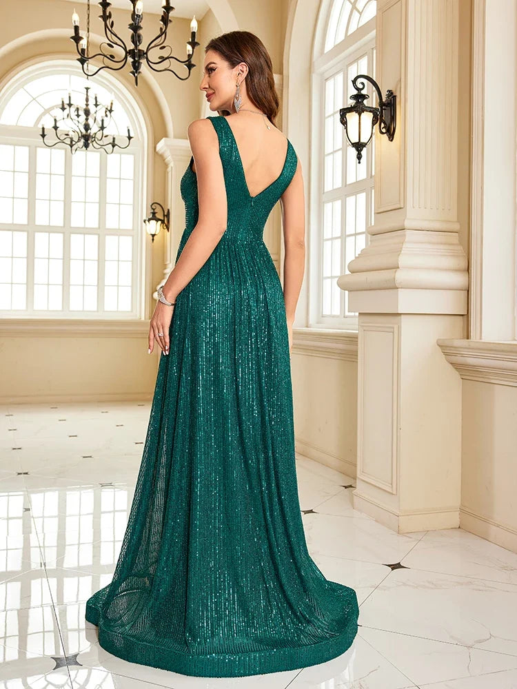 Glitter A-Line Maxi Dress – Sleeveless V-Neck Evening Gown with Fitted Bodice, Defined Waist and Flowing Floor-Length Skirt for Weddings & Events