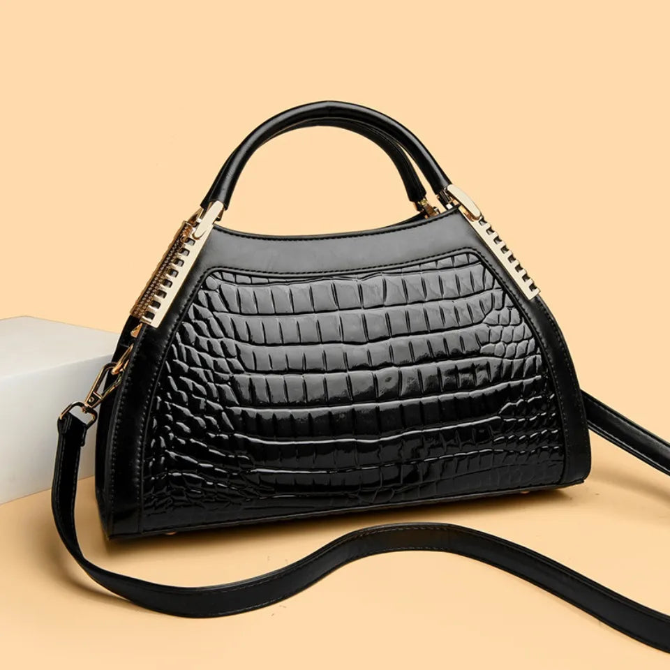 Crocodile Embossed Handbag, Elegant Structured Top Handle Satchel with Adjustable Crossbody Strap, Textured Shoulder Purse for Work & Everyday Use