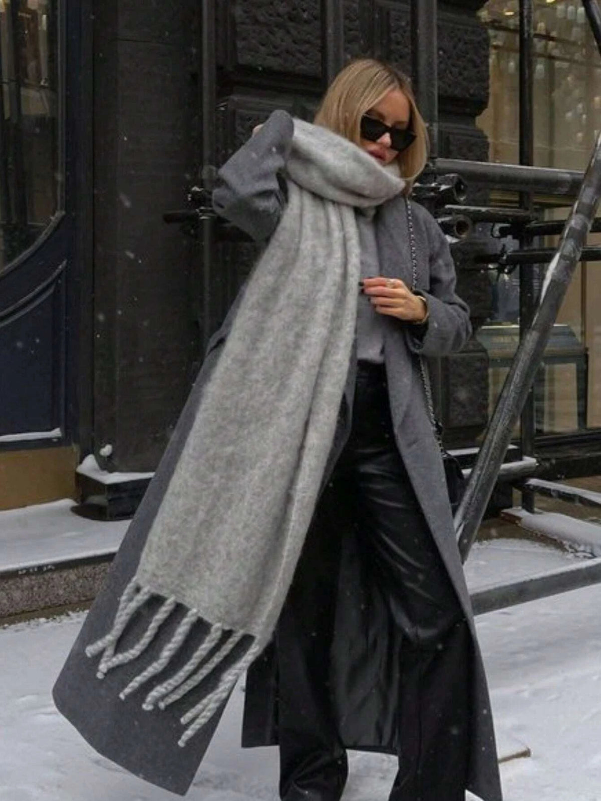 Women's Solid Color Winter Scarf, Thick Knit Look Wrap with Fringed Ends, Cozy Oversized Neck Scarf for Women