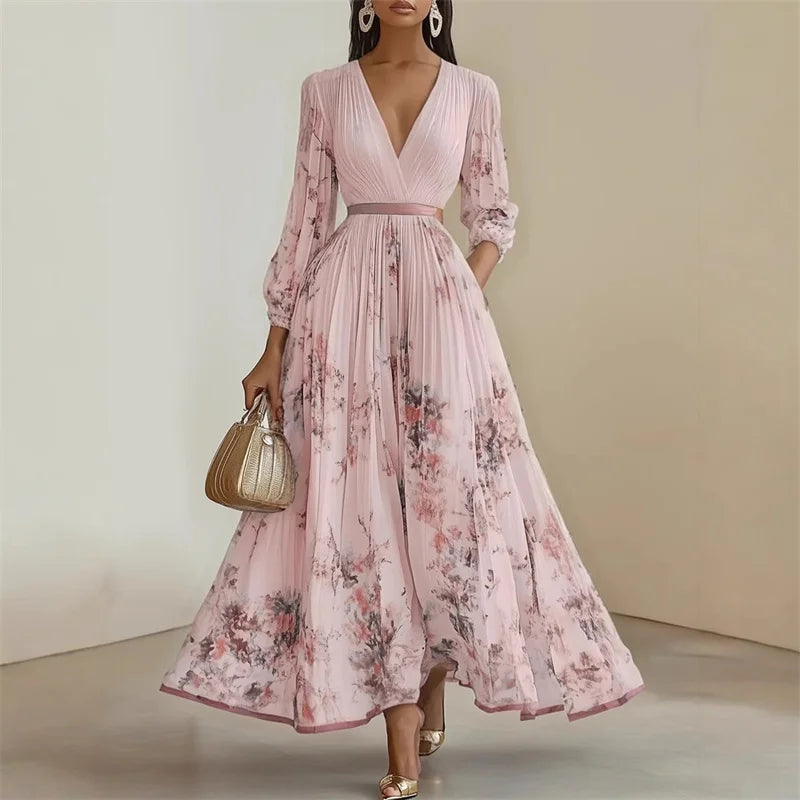 Floral Maxi Dress – Long Sleeve V-Neck A-Line Dress with Tie Waist and Flowing Skirt for Weddings, Brunches & Special Occasions