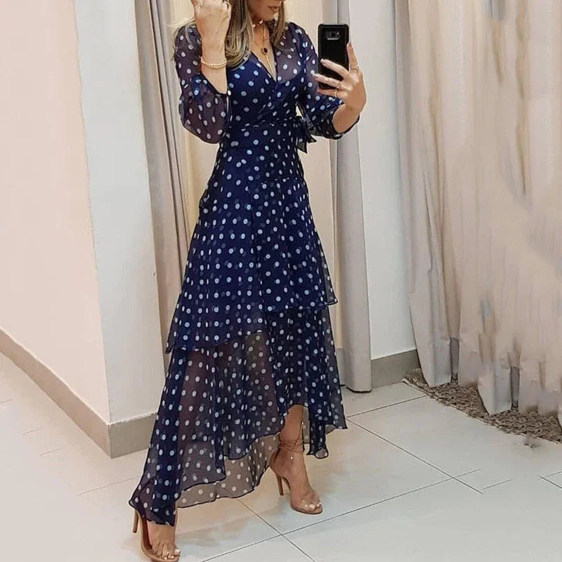 Polka Dot Maxi Dress – Long Sleeve V-Neck Dress with Wrap Waist, Tiered Skirt and Sheer High-Low Hem for Parties & Special Events