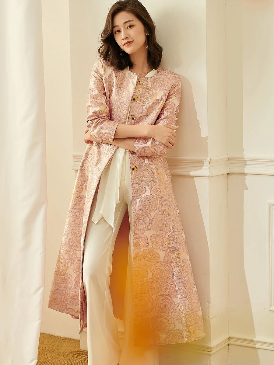 Long Brocade Duster Coat with Button Front, Jacquard Tailored Longline Jacket, Elegant Occasion Outerwear