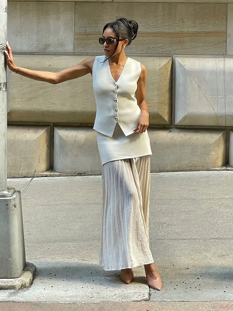 Sleeveless Button Front Vest & Pleated Maxi Skirt Co-Ord Set | Elegant Two Piece Outfit | Chic Casual Formal Matching Set