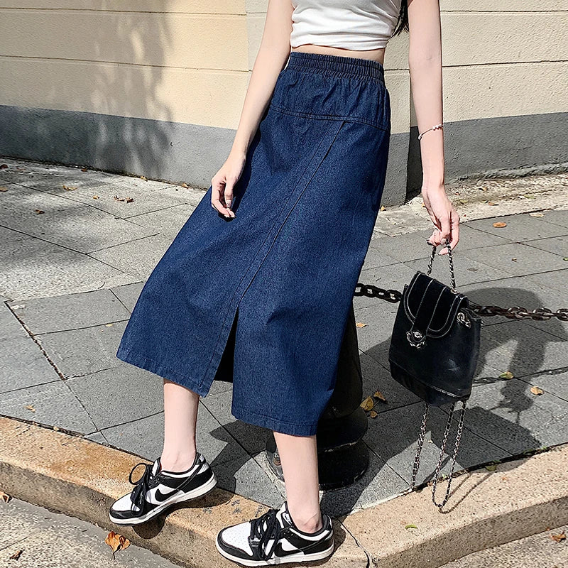 High Waisted Denim Midi Skirt Wrap Style Asymmetrical A Line Skirt Front Overlay Panel Casual Streetwear Vintage Inspired