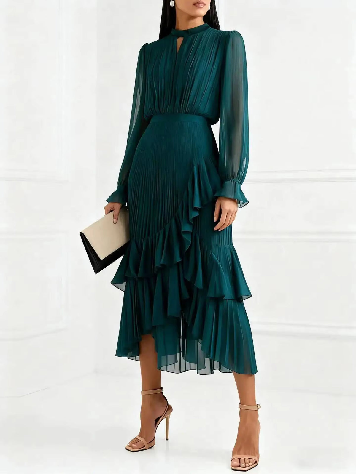 Pleated Ruffle Midi Dress – Long Sleeve Chiffon Dress with High Neckline, Keyhole Detail, Balloon Sleeves and Asymmetrical Tiered Hem