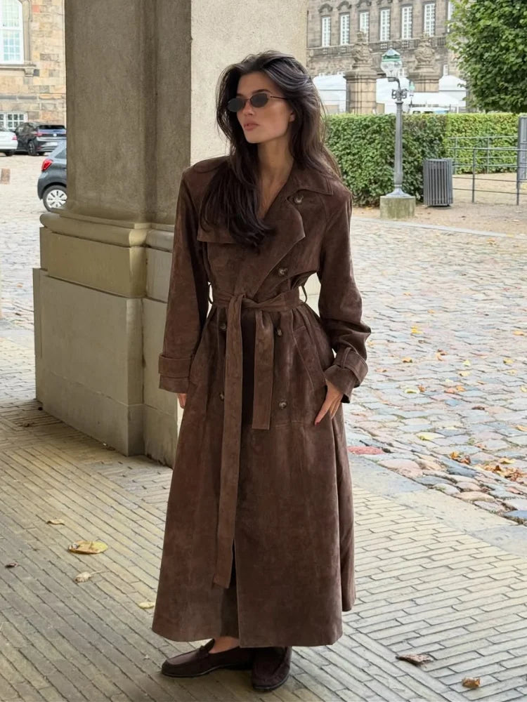 Long Suede Trench Coat with Belted Waist, Classic Lapel Leather Overcoat, Full-Length Vintage-Inspired Outerwear